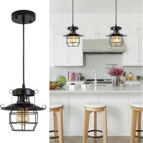 Vintage Farmhouse Pendant Light Rustic Metal Caged Pendant Lights Black Cage Hanging Lamp For Kitchen Island Entryy Bedrooms Living Room Barn,Adjustab