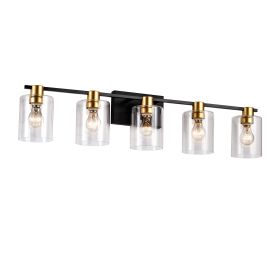 5-Light Matte Black Matte Gold Color Bathroom Light Fixtures, Modern Vanity Lights With Glass Shade, Vintage Light Fixture Bathroom Over Mirror Wall L