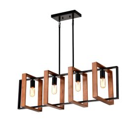4-Light Kitchen Island Lights Pendant Light Farmhouse Dining Room Light Fixture, Rustic Wood And Black Metal Rectangular Chandelier, Hanging Lighting (Option: Wood)